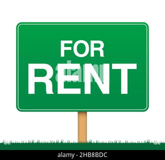 Green banner with FOR RENT text, standing on grass. Land, house, or property renting vector illustration. Stock Vector
