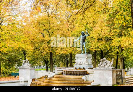 View on autumn landscape of father rhine fountain in Munich Stock Photo