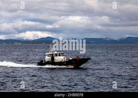 Norwegian Coastal Administration Oil pollution control vessel OV Slaatteroey (Slåtterøy) arriving in the port of Bergen, Norway. Stock Photo