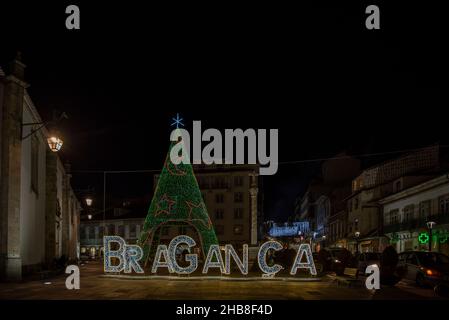 Bragança, Portugal; December 2021: Christmas Scene. Main square of Bragança, Portugal Stock Photo