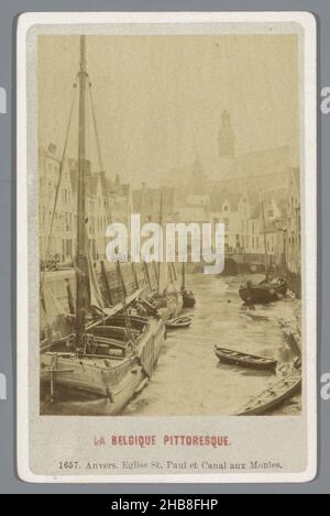 Canal in Antwerp, with St. Paul's Church in the background, Anvers. Eglise St. Paul et Canal aux Moules (title on object), La Belgique Pittoresque (series title on object), anonymous, publisher: G. Zazzarini et Cie. (mentioned on object), Antwerp, 1866 - 1906, paper, cardboard, albumen print, height 107 mm × width 68 mm Stock Photo