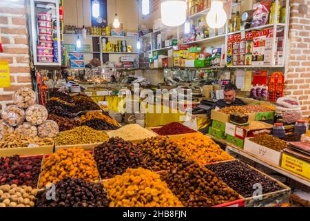 ARDABIL, IRAN - APRIL 10, 2018: Dried fruit stall at the bazaar market in Ardabil, Iran Stock Photo