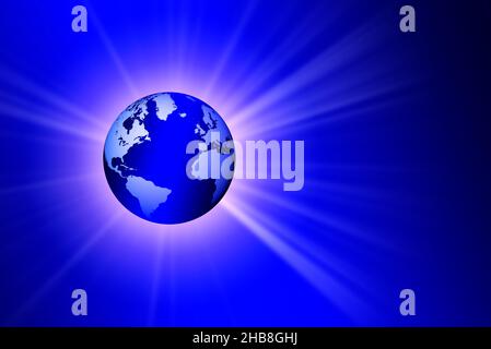 Globe on blue background with burst of light Stock Photo