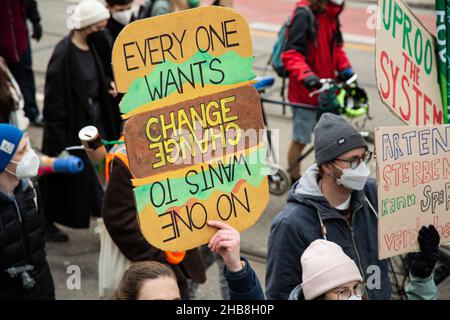 Munich, Germany. 17th Dec, 2021. 265 people joined a demonstration in Munich, Germany to celebrate the third birthday of Fridays for Future Munich on December 17, 2021. They also protest for the Paris agreement and the 1.5 degree goal and climate justice. (Photo by Alexander Pohl/Sipa USA) Credit: Sipa USA/Alamy Live News Stock Photo