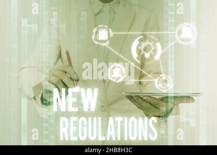 Text showing inspiration New Regulations. Internet Concept Regulation controlling the activity usually used by rules. Lady In Uniform Touching And Stock Photo