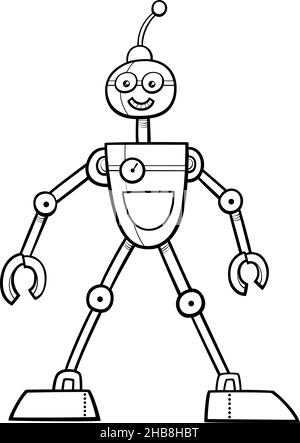 Black and white cartoon illustration of robot comic fantasy character coloring book page Stock Vector