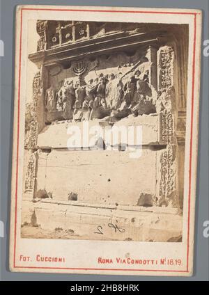 Relief in the Arch of Titus, Rome: war booty from the Temple of Jerusalem, Arc de Triomphe de Titus (title on object), Tomasso Cuccioni (mentioned on object), anonymous, Rome, 1855 - 1885, cardboard, paper, albumen print, height 99 mm × width 68 mm Stock Photo