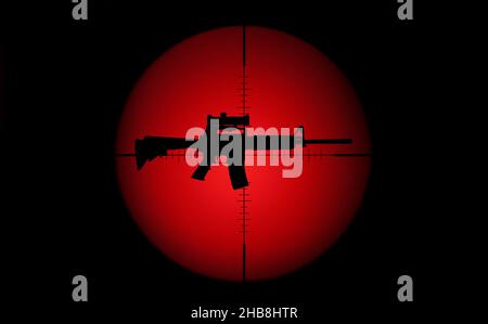 Target crosshair with AR-15 rifle against red and black background Stock Photo