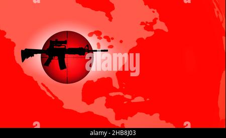 Target crosshair with AR-15 rifle against map of the USA and red background Stock Photo