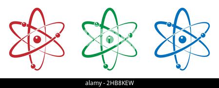 Atom icon in flat design. Set molecule symbol or atom symbol in different colors. Vector illustration Stock Vector