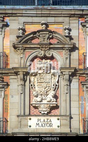 Shield of the Spain of Carlos II. Casa de la Panaderia in Plaza Mayor square. Madrid, Spain. Stock Photo