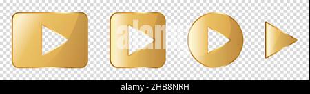 Gold play buttons set. Vector illustration isolated on transparent background Stock Vector