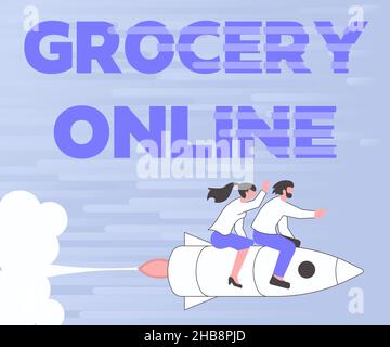 Text sign showing Grocery Online. Word Written on digital version of supermarket accepting online ordering Illustration Of Happy Partners Riding On Stock Photo