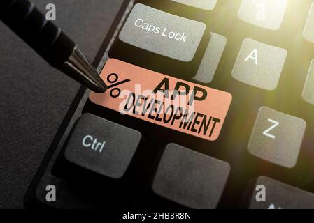 Hand writing sign App Development. Concept meaning producing computer software with a specialized purpose Developing New Antivirus Program Codes Stock Photo