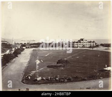 View of the sea from Watson's hotel in Mumbai, India, The Lumière brothers' film was first shown in the Indian subcontinent on July 7, 1896 at Watson's Hotel. The hotel is the oldest surviving cast iron building in India. The Royal Sailor's House can be seen on the right of the photo. Today, the building houses the Maharashtra Police Headquarters and is listed as a UNESCO Heritage Site of Victorian buildings., Samuel Bourne (signed by artist), Charles Shepherd (signed by artist), Mumbai, 1870, paper, albumen print, height 233 mm × width 284 mm Stock Photo