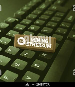 Conceptual display Mining Ethereum. Internet Concept the process of increasing the volume of Ether in circulation Typing Product Title And Stock Photo
