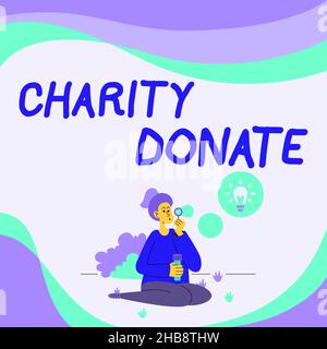 Inspiration showing sign Charity Donate. Business approach gift made by an individual to a nonprofit organization Lady Sitting In Park Blowing Stock Photo