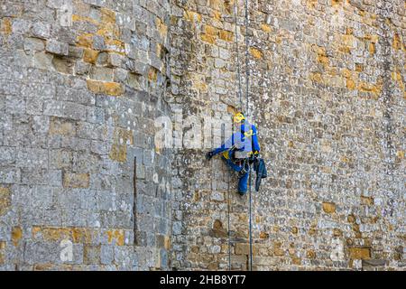 Facade climber inspects the old city wall of Carcassonne, France Stock Photo