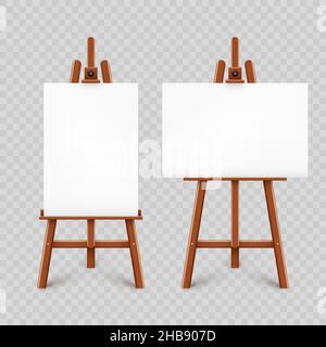 Realistic paint desk with blank white canvas. Wooden easel and a sheet of drawing paper. Presentation board on a tripod. Artwork mockup, template Stock Vector