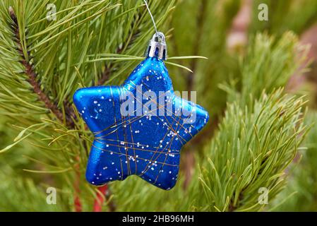 Christmas tree toy hanging on the fir. Close up, selective focus Stock Photo