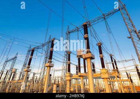 Electric substation in Paraguay at sunset Stock Photo
