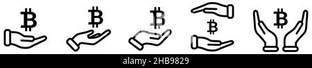BTC symbol above and in hands - give, hold or protect bitcoin sign Stock Vector