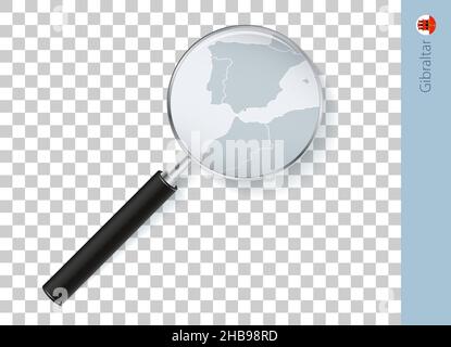 Gibraltar map with flag in magnifying glass on transparent background. Vector loupe with map. Stock Vector