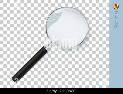 Seychelles map with flag in magnifying glass on transparent background. Vector loupe with map. Stock Vector
