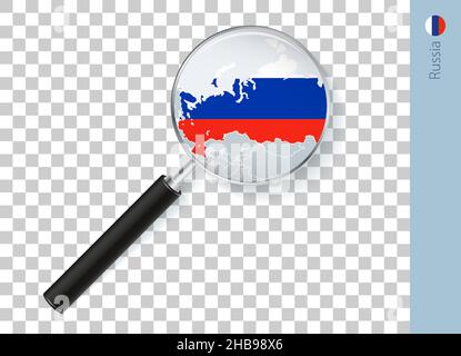 Russia map with flag in magnifying glass on transparent background. Vector loupe with map. Stock Vector