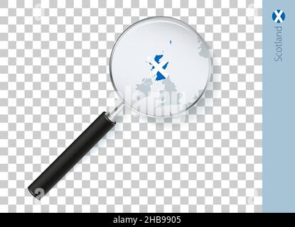 Scotland map with flag in magnifying glass on transparent background. Vector loupe with map. Stock Vector