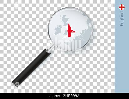 England map with flag in magnifying glass on transparent background. Vector loupe with map. Stock Vector