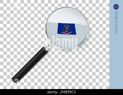 North Dakota map with flag in magnifying glass on transparent background. Vector loupe with map. Stock Vector