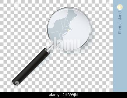 Rhode Island map with flag in magnifying glass on transparent background. Vector loupe with map. Stock Vector