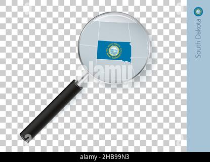 South Dakota map with flag in magnifying glass on transparent background. Vector loupe with map. Stock Vector