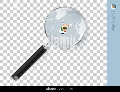 West Virginia map with flag in magnifying glass on transparent background. Vector loupe with map. Stock Vector