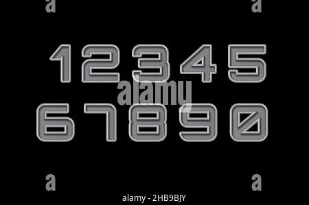 A set of numbers (1234567890), silver metal perforated with small holes isolated on black background close-up Stock Photo