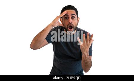 Portrait of caucasian man over isolated background celebrating crazy and amazed for success with arms raised and open eyes screaming excited. Winner c Stock Photo