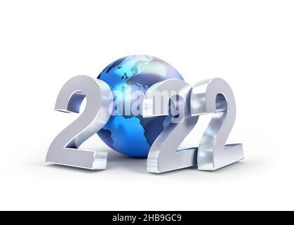 2022 New Year silver date number composed with a blue earth globe, isolated on white - 3D illustration