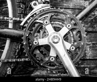 B&W detail of crankset of Specialized mountain bike showing crankset, pedal, and chain with weathered wood background Stock Photo