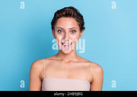 Photo of impressed positive lady open mouth direct fingers up empty ...