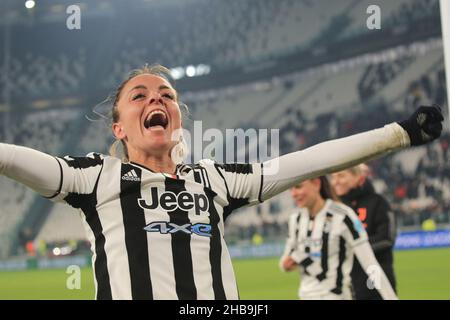 Allianz Stadium, Turin, Italy, December 16, 2021, Martina Rosucci (Juventus Women) celebrates the victory of the match  during  Juventus vs Servette - Stock Photo