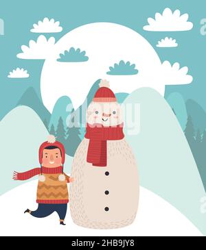 boy and snowman characters Stock Vector