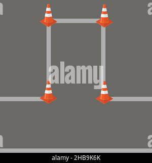Set of Striped Red Traffic Cone Icons on Grey Road Background Stock Vector
