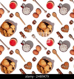 Seamless endless pattern of baking ingredients and accessories, heart shaped gingerbread cookie and coffee mug with marshmallows with hard shadows iso Stock Photo