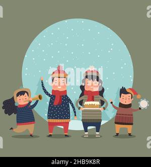 family members with winter clothes in snowscape vector illustration ...