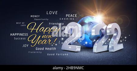 Happy New Year greetings, best wishes and 2022 date number, composed with a blue colored planet earth, on a festive black background, with glitters an Stock Photo