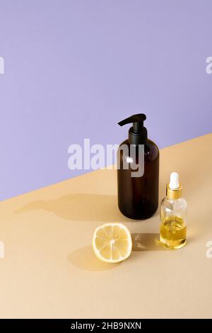 Natural beauty products. Mineral organic oil. Eco cosmetic cream, serum, skin care blank bottle. Dropper glass Oily cosmetic pipette. Pantone 2022 Stock Photo