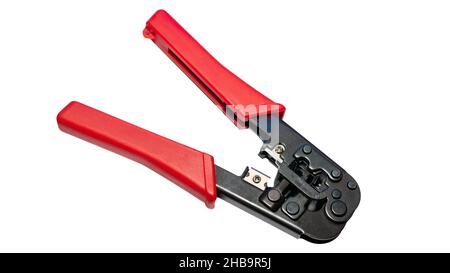 Isolated on white background Internet cable crimping tool. Crimping pliers for modular connectors. Equipment for laying a network cable Stock Photo