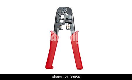 Isolated on white background Internet cable crimping tool. Crimping pliers for modular connectors. Equipment for laying a network cable Stock Photo