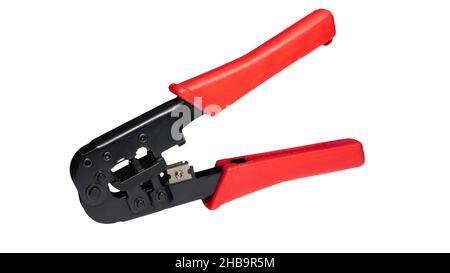 Isolated on white background Internet cable crimping tool. Crimping pliers for modular connectors. Equipment for laying a network cable Stock Photo
